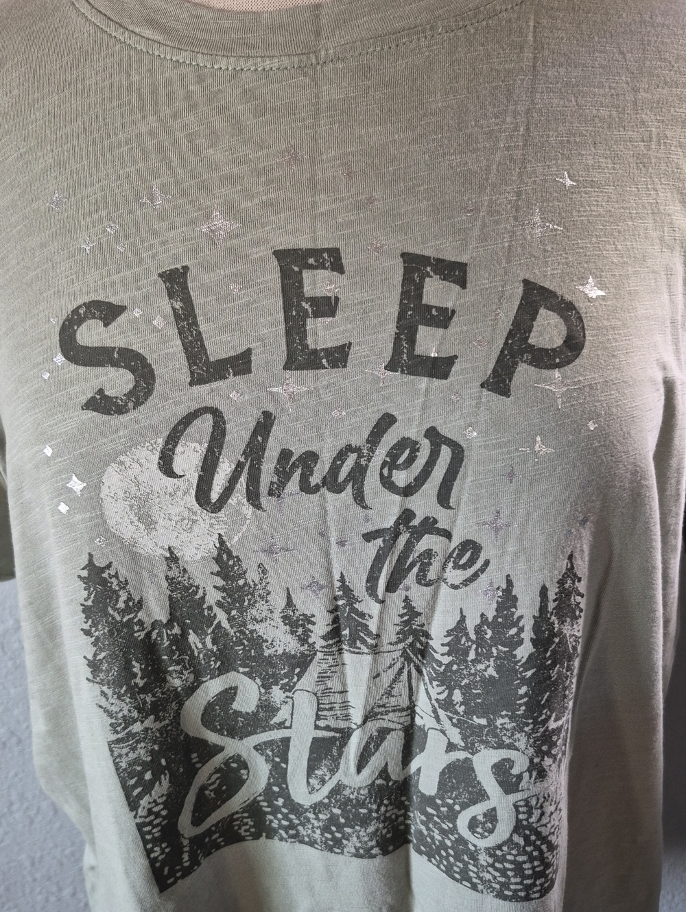 Women's Graphic T-Shirt | "Sleep Under the Stars", Sage Green, Size 2X - Picture 2 of 5